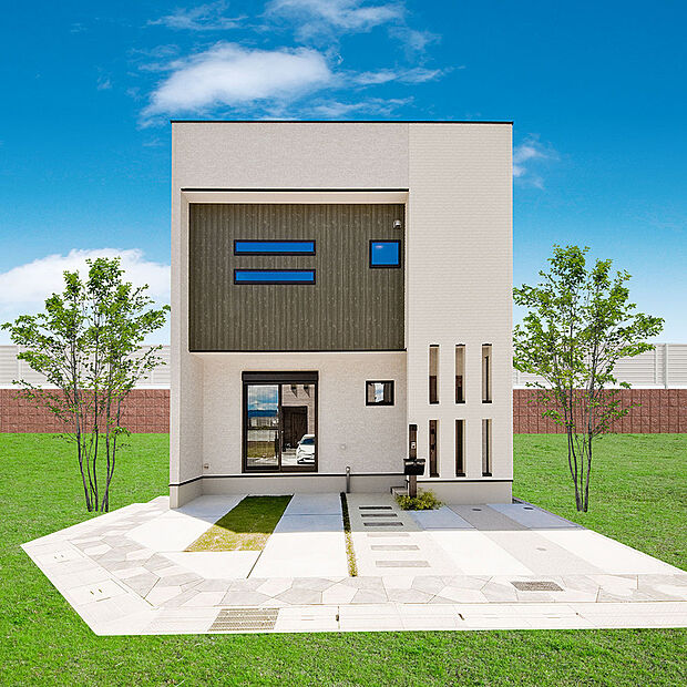 アーバンモダンスタイルの外観、迫力が有りお家を最大限大きく見せてくれます。外観デザインに関して、細かなデザイン規制は設けずお客様のお好みに合わせて、専属のコーディネーターがご提案致します。(施工例)