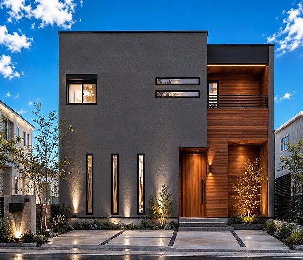 【オーダーメードHOUSE】ダークグレータイルとブラウンの木目が織りなす、ラグジュアリーモダン。深く伸びた軒とレッドシダーの軒裏が上質な陰影を生み、住まう人の品格を映し出す邸宅デザイン。(当社参考イメージパース)