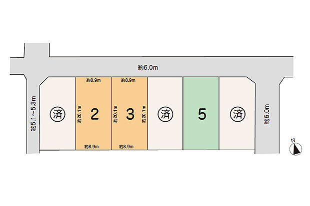 オレンジ色が注文住宅用土地、緑色がセミオーダー販売区画です。商談中の区画も含むため、詳細はお問合せください。