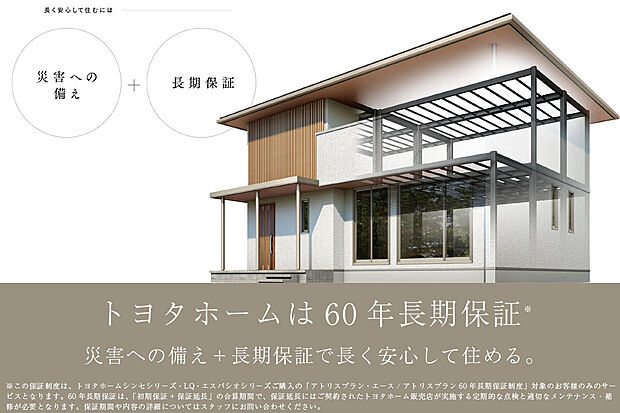 【トヨタホームの保証】トヨタホームは60年長期保証。
災害への備え＋長期保証で長く安心して住める。※保証の詳細はお問合せください。