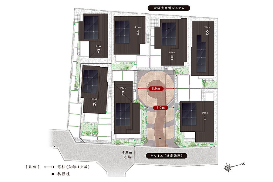 【空間にゆとりを生み出す街づくり】
敷地延長部を街の中央に集めてできた空間に地役権を設け、開放的な共有空間を創出。住民同士が和やかなコミュニティを育めます。また、隣邸間隔にもゆとりを生み出しました。