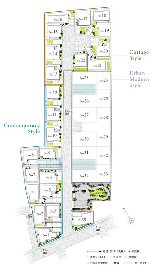 【緑と人をつなぐ全35邸の街】
「西東京市 第2次みどりの基本計画」をもとに、地域にみどりと豊かさをつなげていく街でありたいと考え、人と緑、人と地域がつながる工夫を散りばめました。