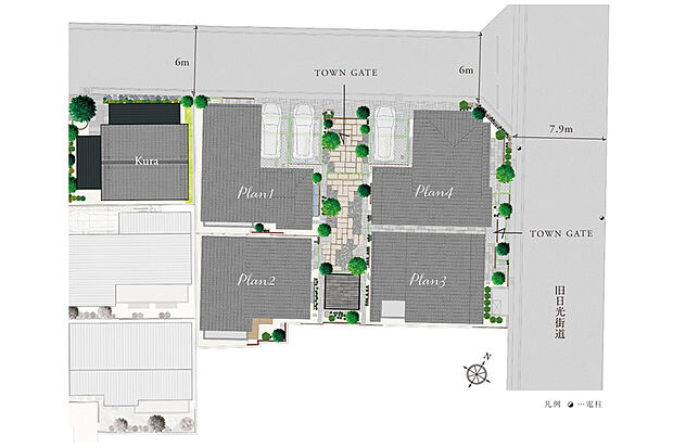 【一体感を創出した街づくり】
東側が旧日光街道に面し、北側に道幅6mの前面道路が通る4邸。街区中央の共有地から旧街道へ抜けられる小道をつくることで利便性を高めながら、街区内を歩く楽しみを深めています。
