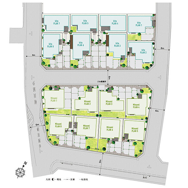 【ゆとりある16邸の街】
敷地面積133m2のゆとりある住まい。カースペース2台設定や庭のある暮らしを愉しめます。また、南ひな壇なので各邸に暖かな光が注ぎ込みます。
