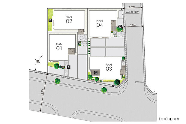 【隣棟間隔にゆとりをもたせた配棟計画】
街区の2面をそれぞれ道幅5.9mと11.9mの道路が通り開放感と採光性を得られる4邸。2台カースペースやサイクルスペースがアプローチ部分に広がりを創出します。