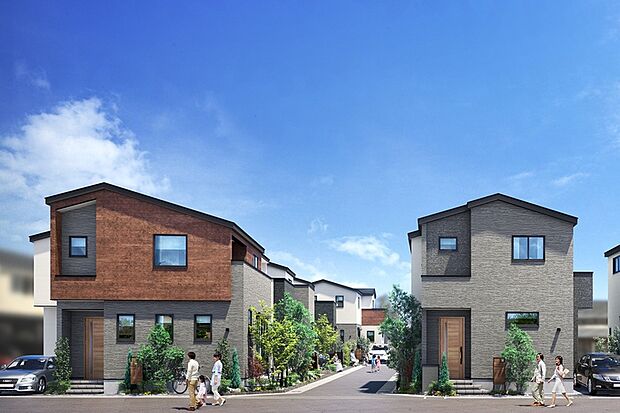 【周辺地域の風景と調和し気品を漂わせる20邸の街】
切妻屋根が描く風景が木々、遠方の山々を表現。統一感のある20邸の街並み。ナチュラルな質感のアクセントが街区周辺の緑豊かな風景と調和しています。