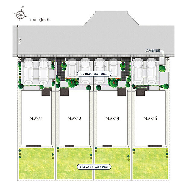【心地よい広がりと庭のある暮らし】
6mのゆとりある道路に面し、カースペースが連続することでアプローチに開放感を生み出します。住まいの南側には広々とした芝庭を確保。ガーデンライフを楽しめます。