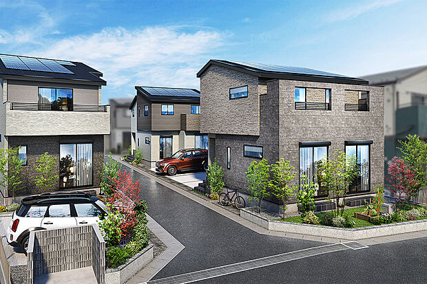 【開発道路に面し南庭を備えたゆとりある4邸】
家庭菜園が楽しめる南庭や2台分のカースペースを確保したゆとりある街並み。将来にわたって良好な住環境が保護される第一種低層住居専用地域に位置しています。