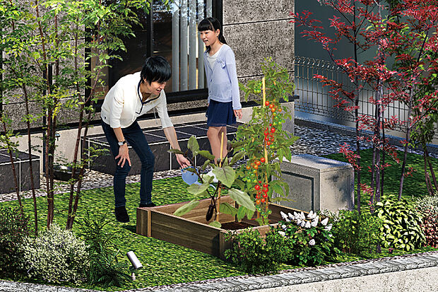 【ポタジェ・コンポストスツール】
各邸の庭に家庭菜園を楽しめるポタジェと、コンポストや物入れに使える蓋付きのスツールを設置。野菜づくりや土いじりを通して豊かな心を育みます。※画像はイメージです。