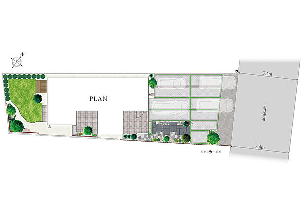 【開放感とゆとりを演出する邸宅】
敷地面積251m2の広々とした空間かつ開放的なアプローチと、幅員7m以上の前面道路がゆとりを演出。南側より温かな陽光が射し込み室内を優しく包み込みます。