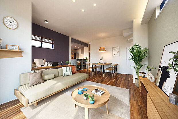 【つながりを大切にした住空間】
スキップDENやフラットDEN、ワイドリビングなど、家族とつながるプランを採用。「つながる収納」「まとまる収納」の2つのコンセプトを持つ収納空間をデザインしました。