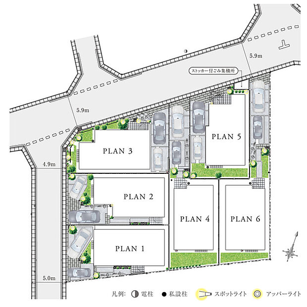 【整えられた街並みに、緑とゆとりある住まいを描く】
区画整理により整った地に、敷地面積110m2超の6邸を計画。建物やカースペース、植栽をバランスよく配置することで、開放感のある景観を創出しました。