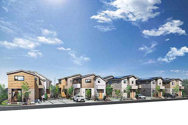 【2つのデザインが美しく調和する街】
STONE街区とWOOD街区、2つのデザインで構成された全18邸の住まい。異なる素材の表情が響き合い、洗練された街並みを描き出しました。