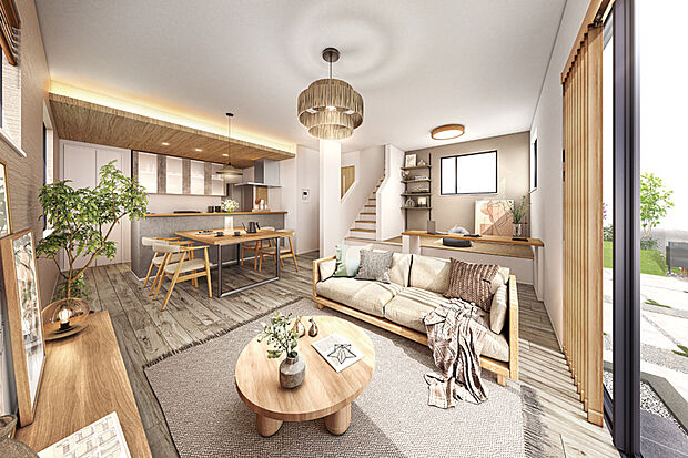 【【家族とつながるスキップDEN】】リビングの一角には、段差を活かして空間をゆるやかに区切ったスキップDENを設けました。リビングで寛ぐ家族とつながりながら、自分時間を満喫することができます。また、作業にも便利な堀机のカウンターを設けて