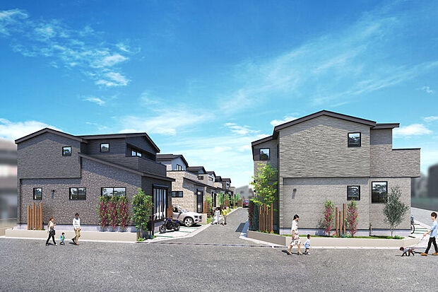 【【落ち着きのある色調が奏でる洗練のファサード】】自然体の外観に、石目調が映える上質なアクセント。穏やかな色合いが街並みに統一感をもたらし、一邸ごとの個性を上質に引き立てます。