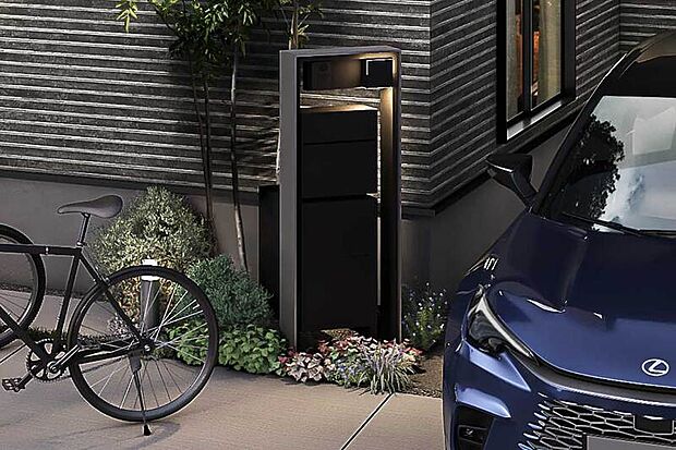 【【宅配ボックス付機能門柱】】外出時でも荷物を受け取ることができる、便利な宅配ボックス付のスタイリッシュな門柱を採用しました。