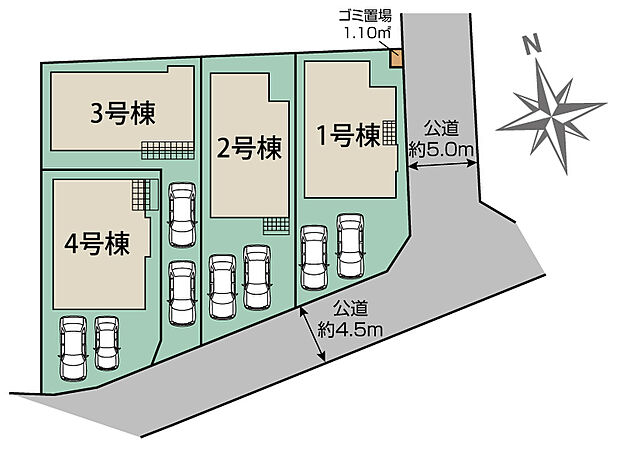 【区画図】平坦で車通りが少なく、駐車が苦手な方も安心!!