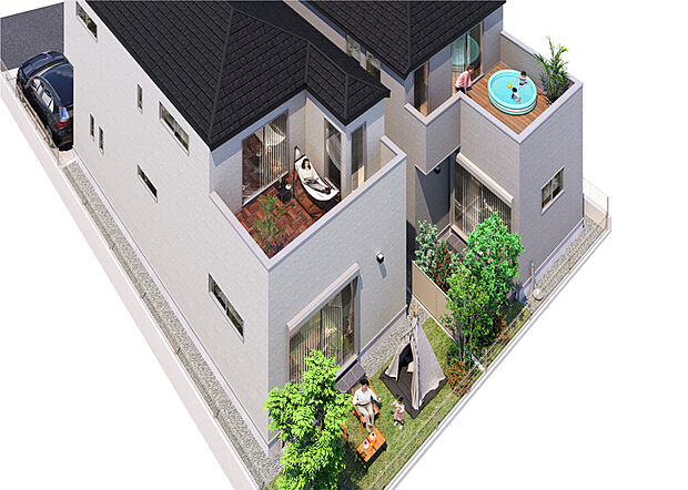 北側道路の立地特性を活かしし、南側にプライベートな庭空間とバルコニーをプランニング。