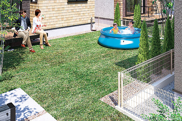 【庭空間】芝生敷きの庭を全邸で確保。緑や風、陽光の心地よさを感じられる空間です。