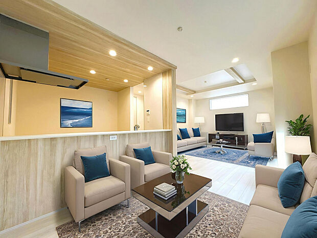 1号棟　LDK　17.5帖のゆったりLDK！折り上げ天井、ニッチなど設備も充実した快適なリビング空間！※家具等をCGで加工しています。※家具付き販売ではありません