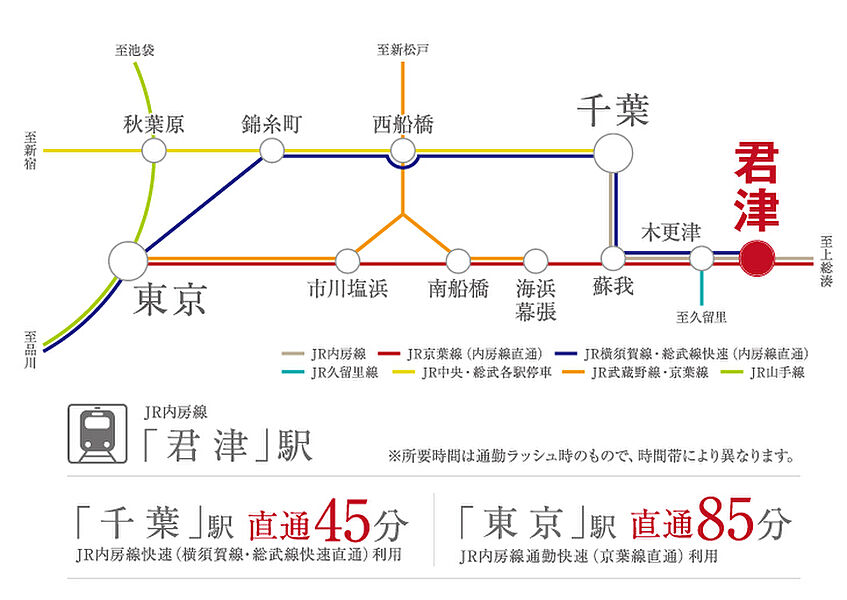 JR君津駅（最短：約800m／徒歩10分・最長：約840m／徒歩11分）都内まで乗り換えなしでアクセスできる快速電車もございます。