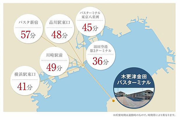 バス路線図　木更津金田BTまで徒歩15分。羽田空港第3ターミナルまで36分。その他東京.神奈川の主要駅まで1時間以内でアクセスができ便利！