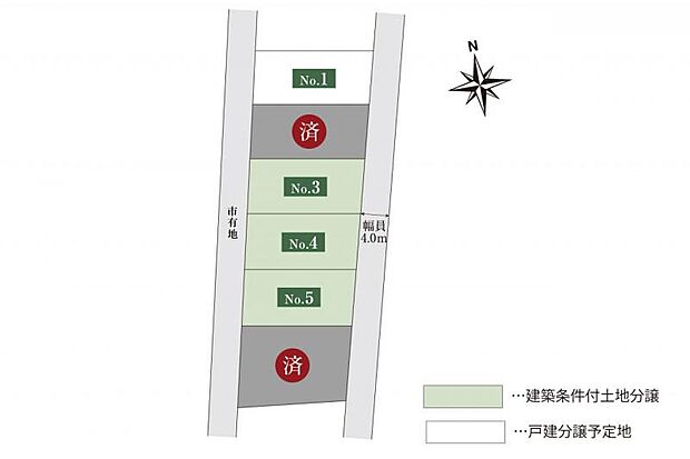 全体区画図　敷地約37～51坪の全6区画。南向きで日当たり良好。まちなみガイドラインで整った景観を維持できます。
