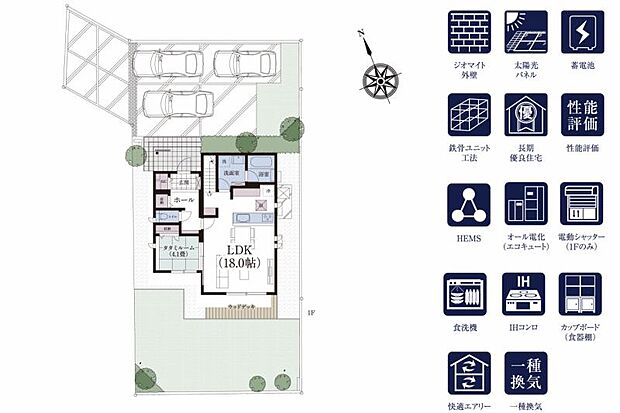 No.8_間取り図1F　33.24坪　4LDK 太陽光発電8.51kW　屋内型蓄電池　タタミルーム隣接のLDKはゆとりの18帖。
