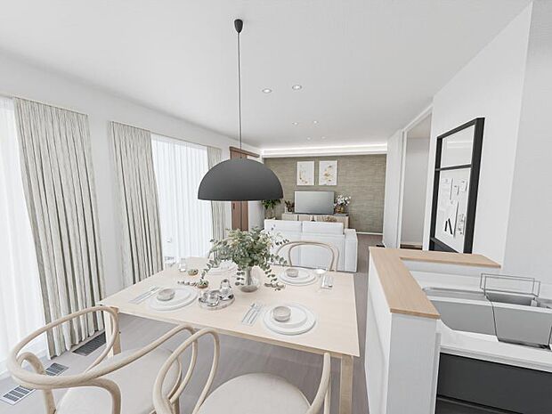 No.2_LDKパース2　TVボードの背面にはアクセントタイルとコーブ照明でおしゃれに演出。