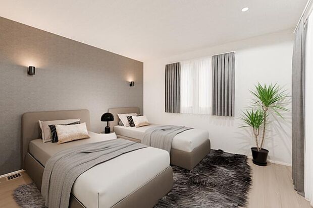 No.1_主寝室　アクセントクロスと間接照明で落ち着きのある空間です。※画像はすべてCG加工です。