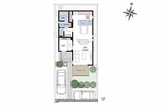 No.2_プラン図1F LDKのオープン階段が特徴的な3LDKの間取りです。