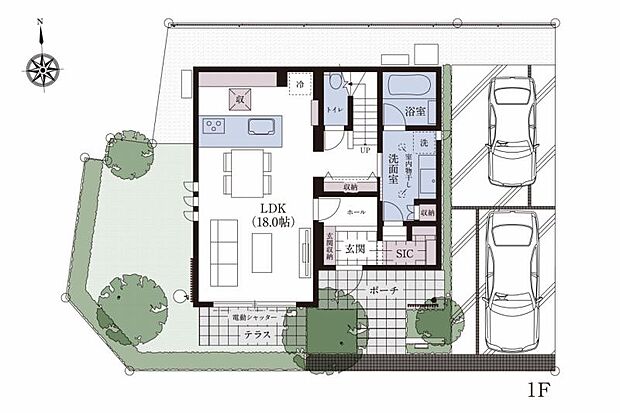 No.1_間取り図1F 駐車場2台、3LDK。まちなみガイドラインにより夜も明るく安全で、いつまでも美しいまちなみを維持できます。