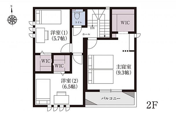 No.1_間取り図2F 9.3帖の主寝室には書斎スペースやW.I.Cが併設。