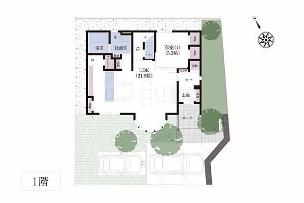 No.5_間取り図1F リビング南側のボウウィンドウから明るい光が差し込みます。
