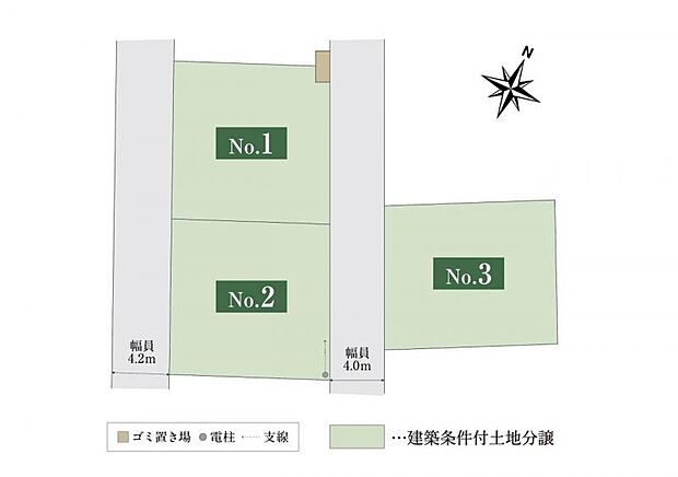 2区画が二方道路の開放感のある全3区画。まちなみガイドラインで整った景観を維持できます。
