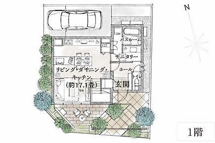 No.9_1階間取り図　木々の合間を歩み進める玄関前のアプローチ、玄関ホールから直結する水回り。随所に趣向を凝らした邸宅は、暮らしの所作まで上質に描いてくれる。 