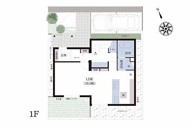 【3LDK】No.2_間取り図1F 19.5帖の広々としたLDKを中心に、水まわりを集約した家事動線に配慮した1階プラン。