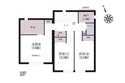 No.2_間取り図2F　ウォークインクローゼットや納戸など豊富な収納を備え、住空間をすっきり保てる設計です。 