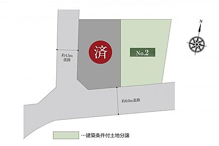 全体区画図　全2区画南向きで日当たり良好。140平米以上の整形地。まちなみガイドラインで整った景観を維持できます。 