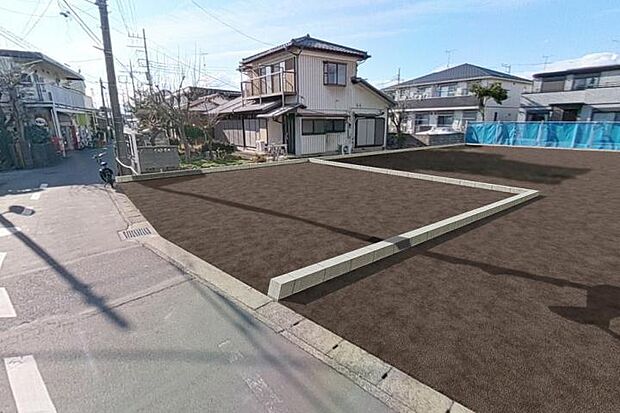 No.1_土地1（撮影_2025年3月）南道路で広めの区画設定なので日当たりが良く、隣地のお住まいも比較的お庭を広くとっており日照を遮りにくい状況です。※一部CG画像を含みます。