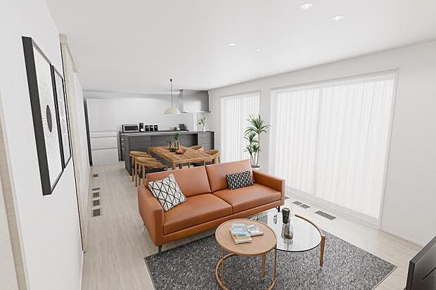 【3LDK】No.4_LDK1パース オープン対話型キッチンで調理しながらもご家族の会話が弾みます。※画像はCGイメージです。