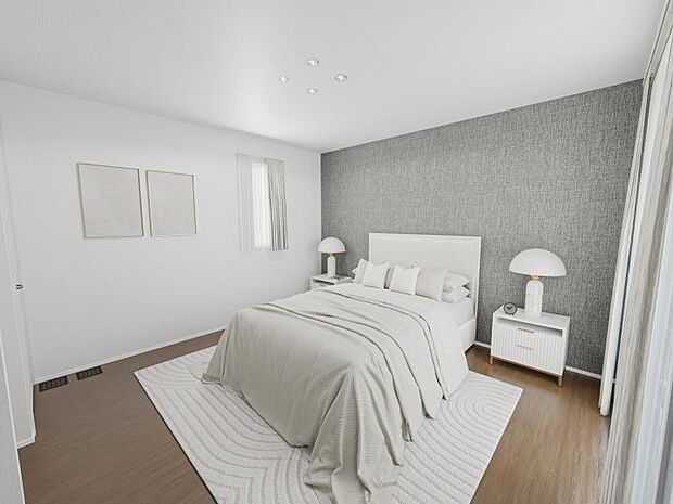 【No.2_主寝室パース　】9.5帖の主寝室はワークスペースやW.I.Cが充実。屋根付きバルコニーもうれしいアイテムです。