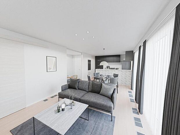 【No.1_内観パースLDK 】明るい内装に大開口で空間をより広く感じられます。※CG加工です。