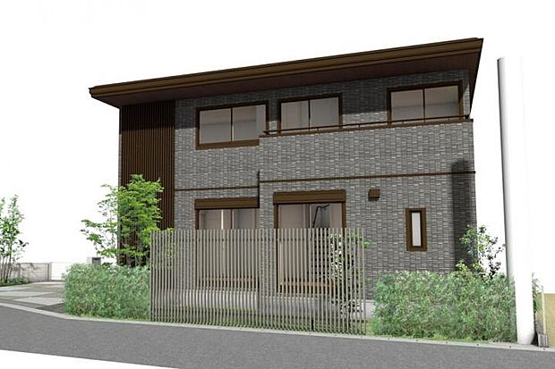 【4ＬＤＫ】No.1_外観CG（作成_2025年8月5日）敷地形状を活かして駐車場とガーデンスペースをセパレートしています。※画像は全てCG加工です。