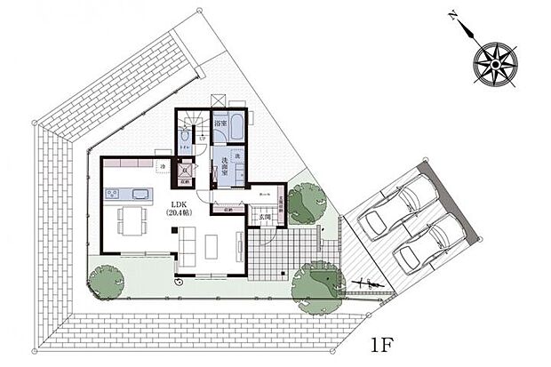 【3ＬＤＫ】No.1_間取り図1F　約20畳のLDKは玄関ホールからすぐ。2階に行くにはリビングを通る設計で、お子様とのコミュニケーションをはかれます。