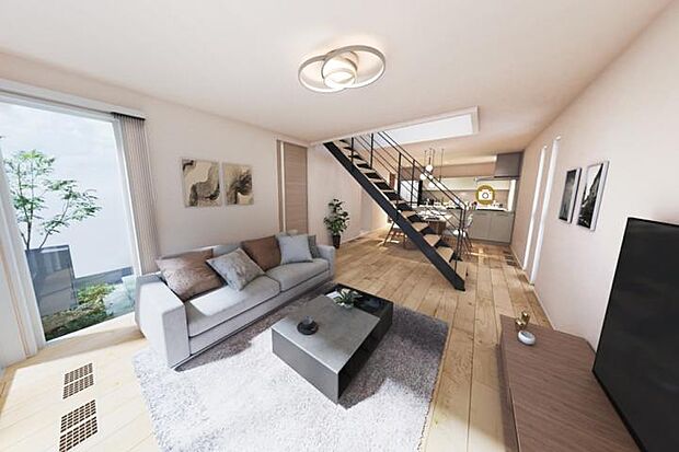 【No.2_LDK1(内観イメージ)】広々としたLDKの中心にはクラフトアイアンのオープン階段。いつも家族の顔が見られる間取りです。※画像はすべてCGです。