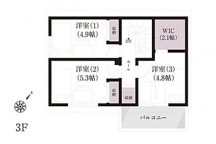 No.5_間取り図3F　子ども部屋や書斎にも最適な3室構成。2.1帖のウォークインクローゼット付きです。 