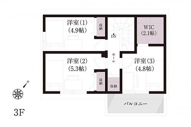 【4LDK】No.5_間取り図3F 子ども部屋や書斎にも最適な3室構成。2.1帖のウォークインクローゼット付きです。