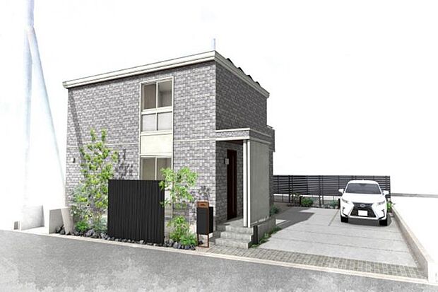 【No.2_外観パース1 】敷地面積194.77m2(58.91坪)、建物面積118.12m2(35.73坪)、太陽光発電システム6.89kW、屋内型蓄電池9.9kWh ※画像はすべてCGです。