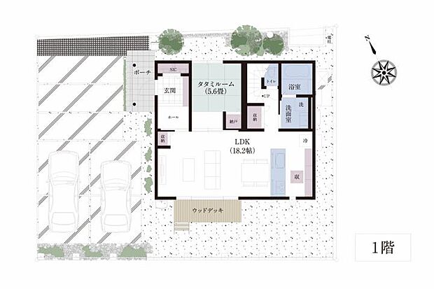 【4LDK】No.2_間取り図1F 4LDK35.73坪の2階建て。18.2帖のLDKに5.6帖のタタミルームが隣接。サンルームや適材適所の収納が家事や子育てを支えます。